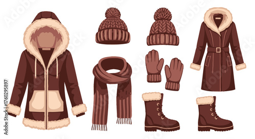 Collection of warm winter clothing items including coats hats and boots
