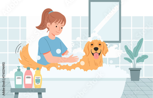 Flat vector illustration of a woman bathing her dog