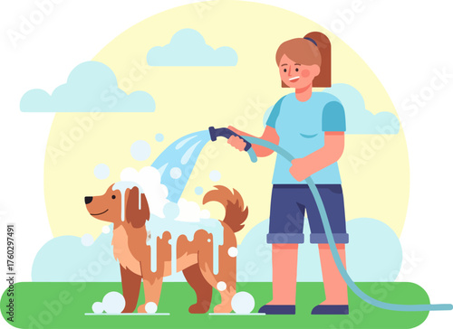 Flat vector illustration of a woman bathing her dog outdoors