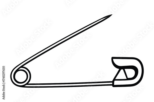 Detailed Illustration: Open Safety Pin, Metal Fastener with Pointed Tip and Coil