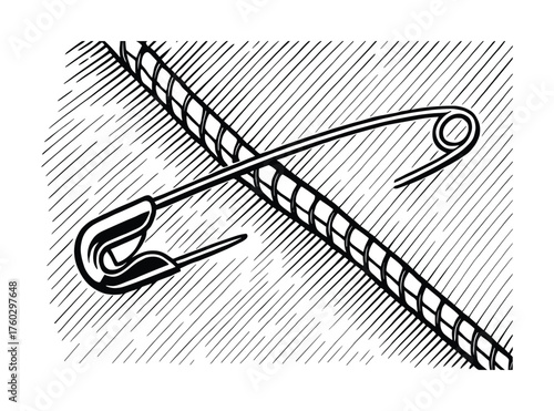Detailed Engraved Illustration: Steel Safety Pin Securing Woven Fabric Texture Design