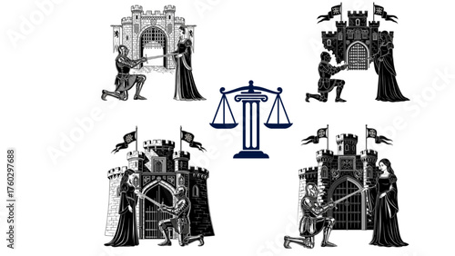 Medieval Justice and Royalty Set Knight Queen Princess Castle Engravings with Central Scales of Law Black and White Vector Illustration Chivalry and Rule of Law