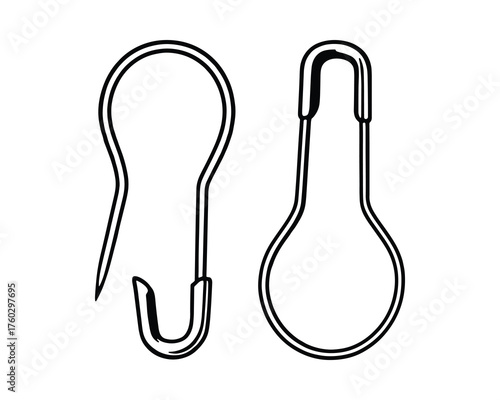 Elegant Black and White Vector Illustration of Pear-Shaped Safety Pins Close-Up Design
