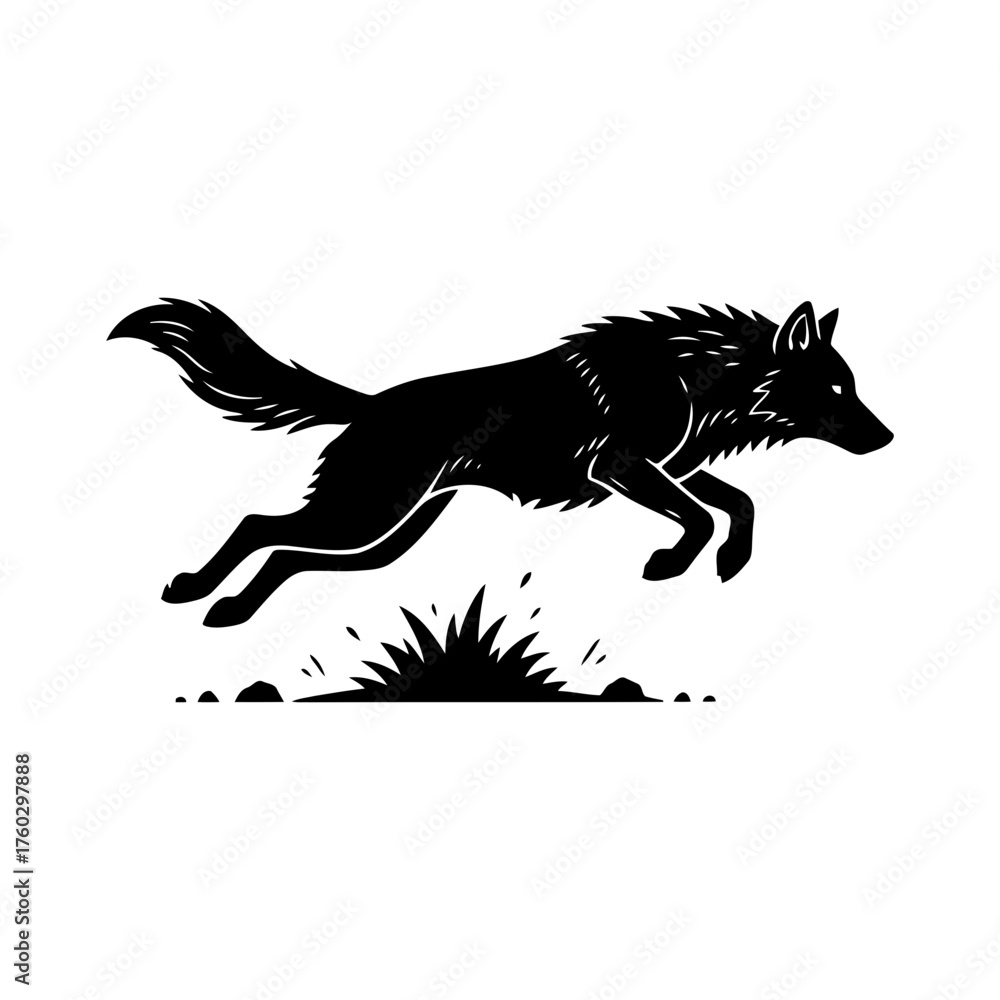 Fototapeta premium Vector art of silhouette of a wolf jumping over grass