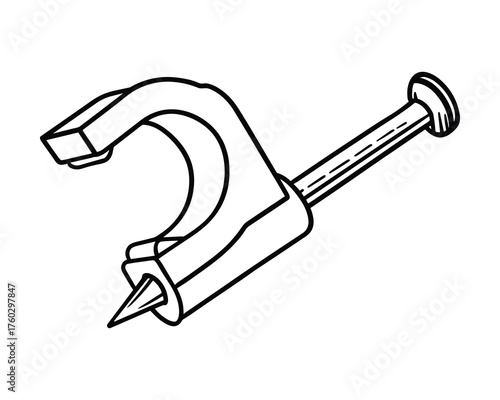 Illustration of a cable clip with a nail attached, designed for wire management tasks.