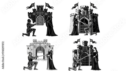 Historical Scene Collection Medieval Knight Kneeling before Royal Woman with Castle in Background Black and White Vector Engraving Set Submission and Chivalry Art
