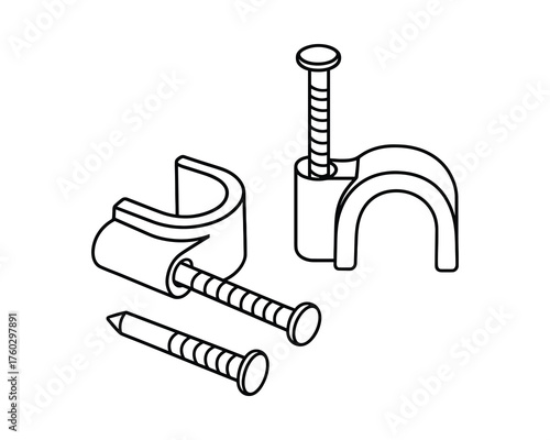 Cable Clips with Nails for Securing Wires - Close-Up Isometric Line Art Illustration