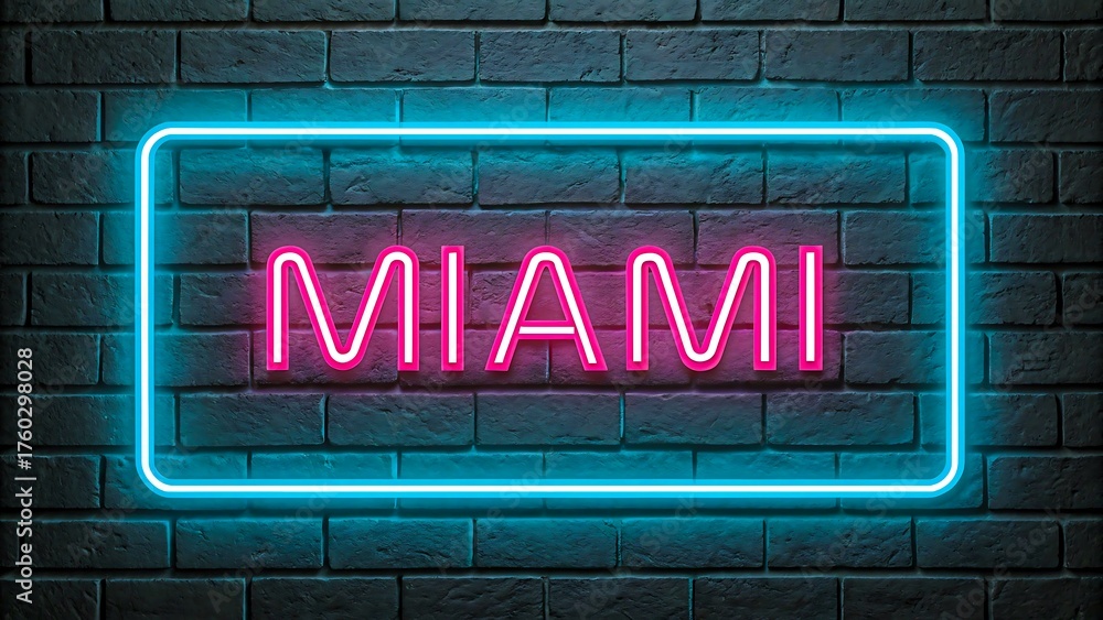Fototapeta premium Miami neon sign glowing on dark brick wall background 