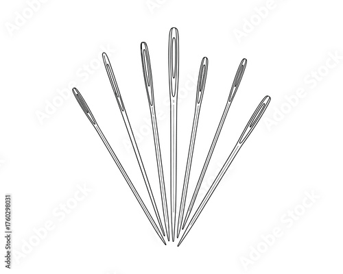 Seven Sharp Sewing Needles Arranged on White Background, Close-up for Crafting Tasks