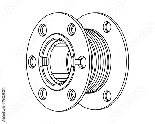 Isometric Wireframe: Detailed Technical Drawing of Mechanical Cable Spool Design