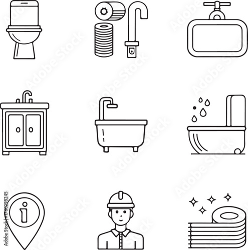 Bathroom Icon Set Toilet, Sink, Bathtub, Faucet