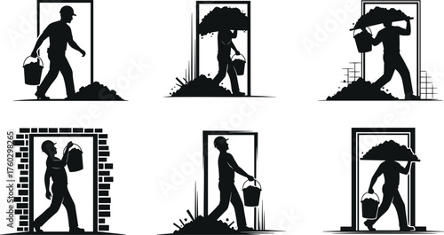 Black and White Icon Set of Gardeners Planting Flowers with Shovels, Outdoor Workers Digging Soil and Tending Plants, Agriculture and Horticulture Vector Silhouettes.