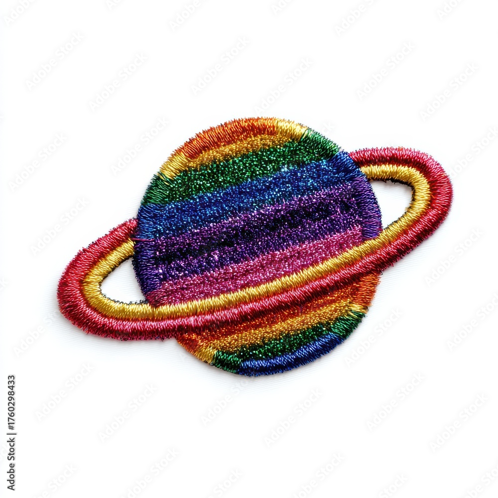 Fototapeta premium Rainbow Glitter Embroidered Planet Patch on White