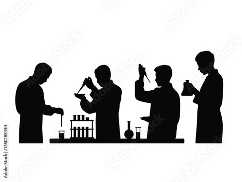 Black silhouettes of scientists conducting experiments in a laboratory research
