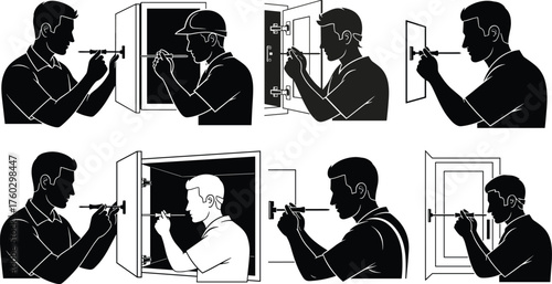 Black and White Icon Set of Workers Cleaning Brick Walls, Construction Laborers Washing and Finishing Masonry Surfaces with Sponges and Water, Renovation Vector Silhouettes.