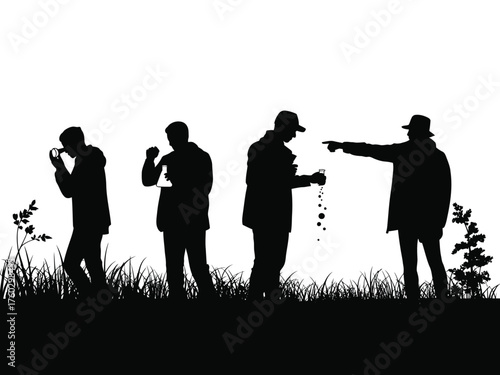 Black silhouettes of scientists collecting samples in a field researchers