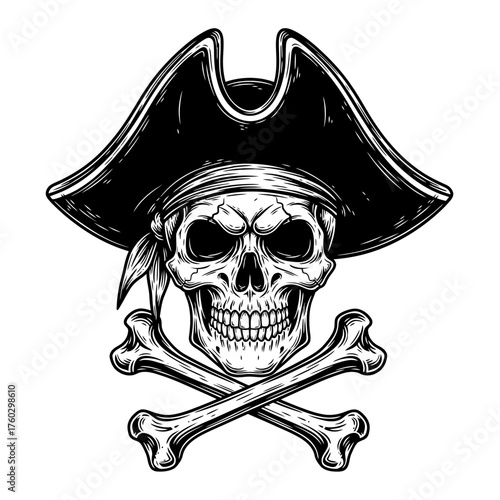 Vintage Pirate Skull and Crossed Bones Woodcut Engraving Illustration