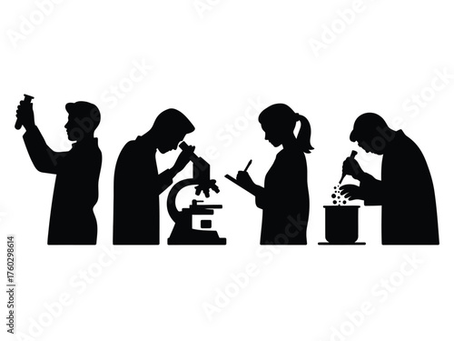 Black silhouettes of scientists conducting experiments laboratory research
