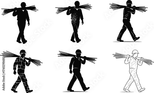 Black and White Icon Set of Surveyors and Workers Using Metal Detectors, Treasure Hunting, Geophysics, and Finding Underground Objects Graphic Vector Silhouettes.