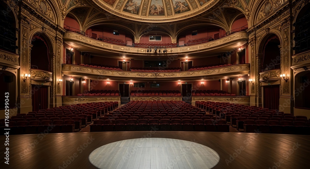 Obraz premium Empty Grand Theater Auditorium With Red Seats And Stage Spotlight image photo