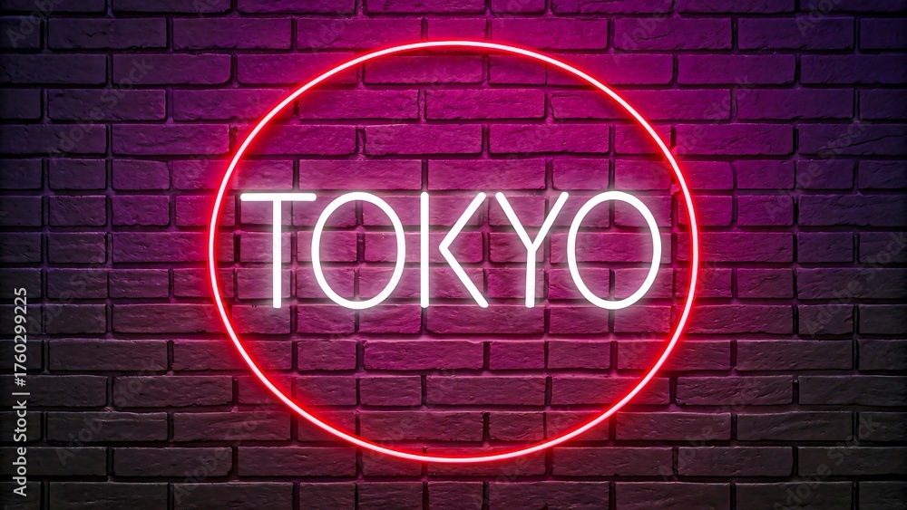 Fototapeta premium White neon glowing tokyo sign in red circle on dark brick wall background 