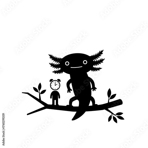 Axolotl silhouette with small clock friend on branch