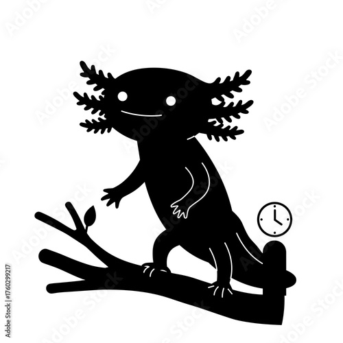 Cute axolotl silhouette holding clock character