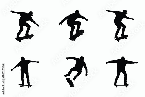 Black silhouettes of skateboarders performing dynamic tricks white action