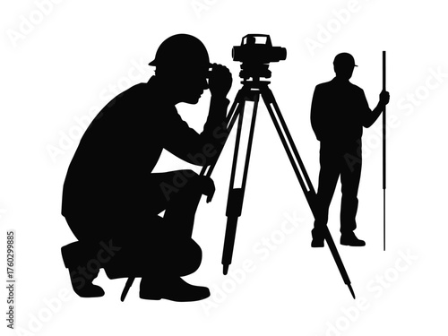 Black silhouettes of surveyors with equipment engineer construction