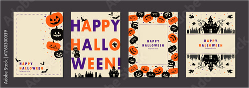 ハロウィン　HAPPY HALLOWEEM　4枚セット素材　背景　ポストカード　ベクターイラスト　シンプル	