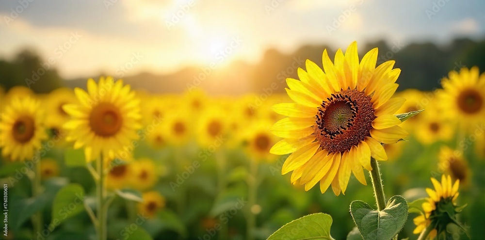 Fototapeta premium Sunflowers Basking in Golden Sunlight A Breathtaking Summer Field of Swaying Blooms