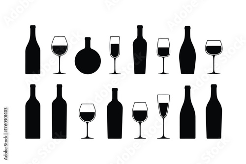 Black silhouettes of wine bottles and glasses wine glasses champagne flutes