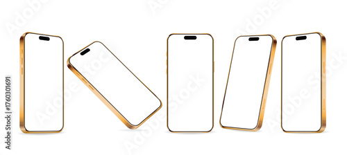 Gold Smartphones Mockup Set, Luxury Tech Display with Blank Screens