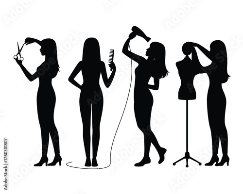 Black silhouettes of women hair stylists with tools scissors comb