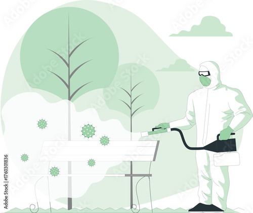 Person in Hazmat Suit Disinfecting Park Bench with Spray Gun Surrounded by Virus Icons Keywords: disinfection, cleaning, sanitization, hygiene, safety, health, virus, bacteria, germ, prevention