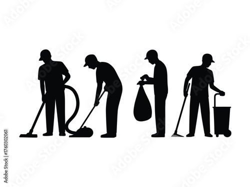 Black silhouettes of workers performing cleaning tasks vacuuming sweeping