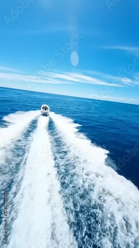 High-speed motorboat racing across azure ocean waters under a clear blue sky