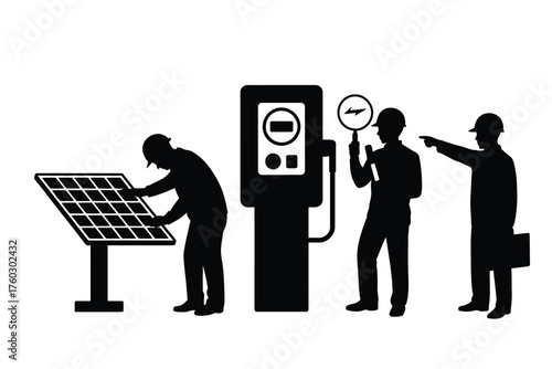 Black silhouettes of workers with solar panel and charging station vector
