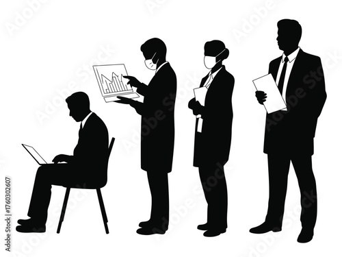 Black silhouettes people in business attire with medical masks white