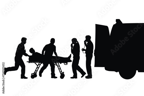 Black silhouettes paramedics rushing patient on stretcher towards ambulance vector