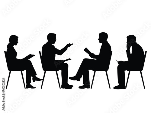 Black silhouettes people sitting chairs discussing discussion