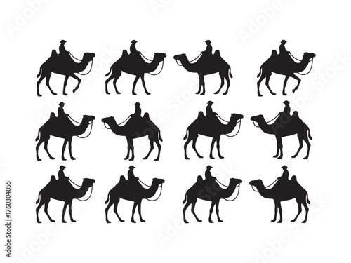 Camel Riders Silhouettes Pattern, Caravan on Desert, Black and White