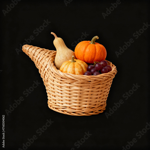 Cornucopia filled with pumpkins, grapes and squash on black background, a symbol of abundance and harvest