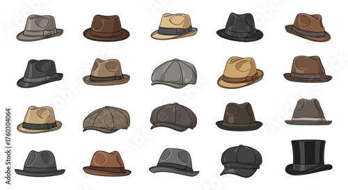 Elegant Hat Collection Diverse Styles in Brown, Black, and Gray Tones