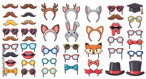 Set of Fun Party Props Mustaches, Glasses, and Animal Ears