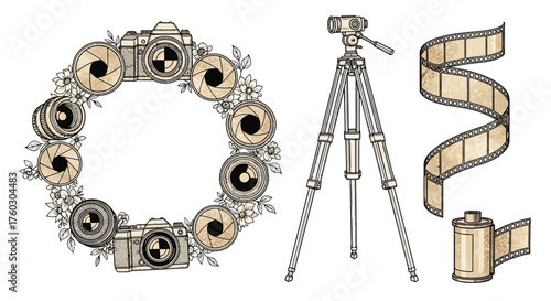 Elegant photography vector elements with lens wreath, tripod, and film roll for professional studio branding