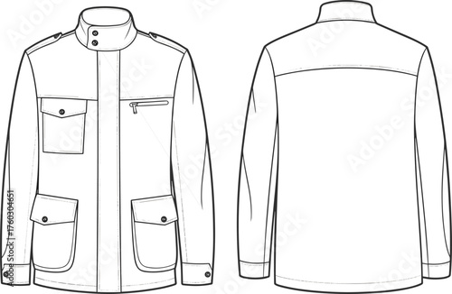 Utility jacket fashion sketch, epaulet and pocket detail, front and back view, cad drawing flat vector illustration, garment design