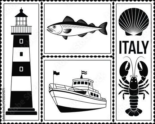 Black And White Nautical Icons Lighthouse, Boat, Fish, Lobster, and Seashell