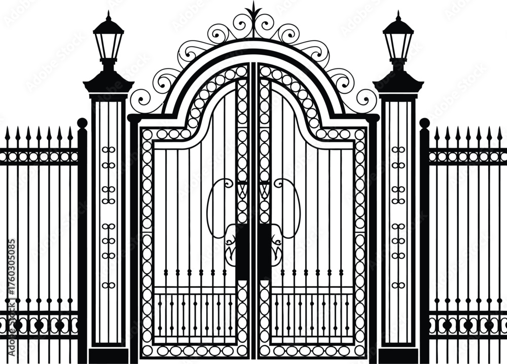 Obraz premium Ornate Entrance Gate with Lamps and Fence
