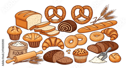 Delicious Array of Baked Goods Bread, Pastries, and Flour Illustration